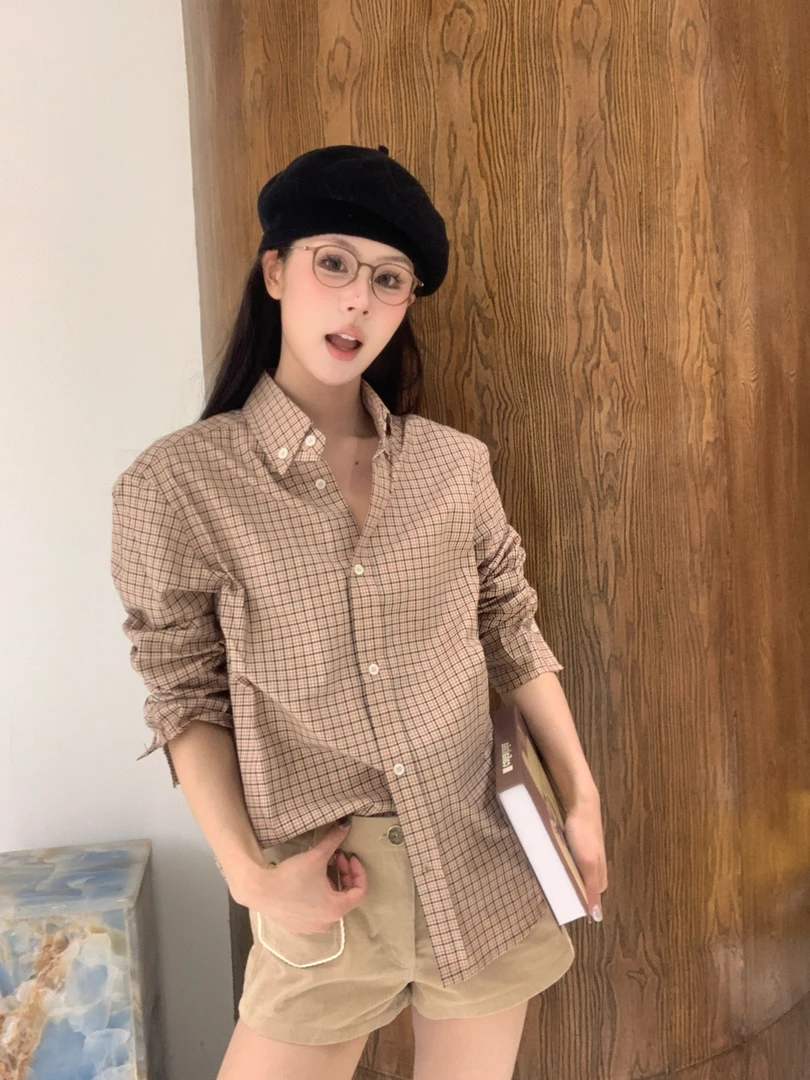 THREE GOOOD/三吉千鸟格卡其格子衬衫DC240229