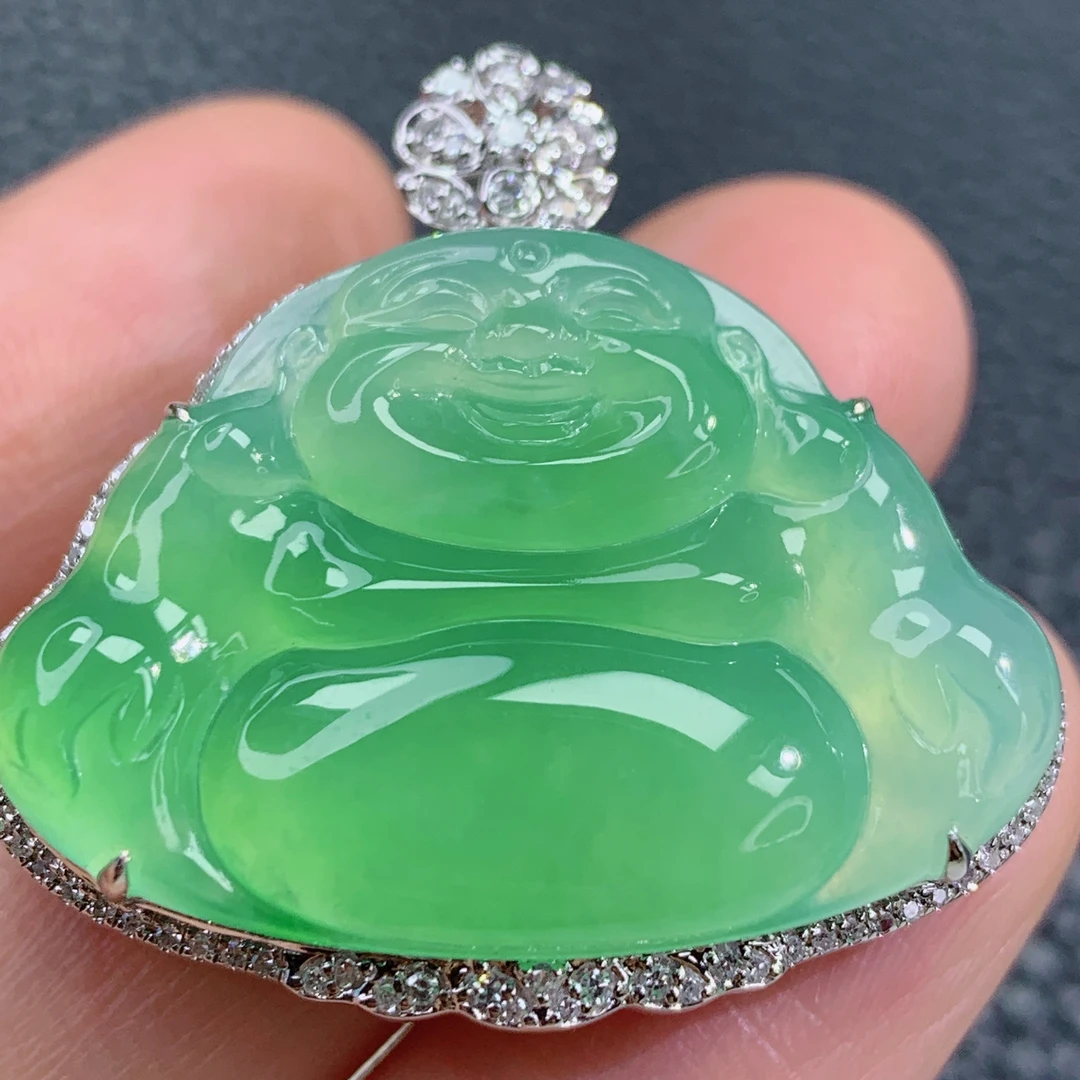 天然缅甸A货翡翠冰种绿底弥勒佛镶嵌18K金吊坠冰透时尚精美气质