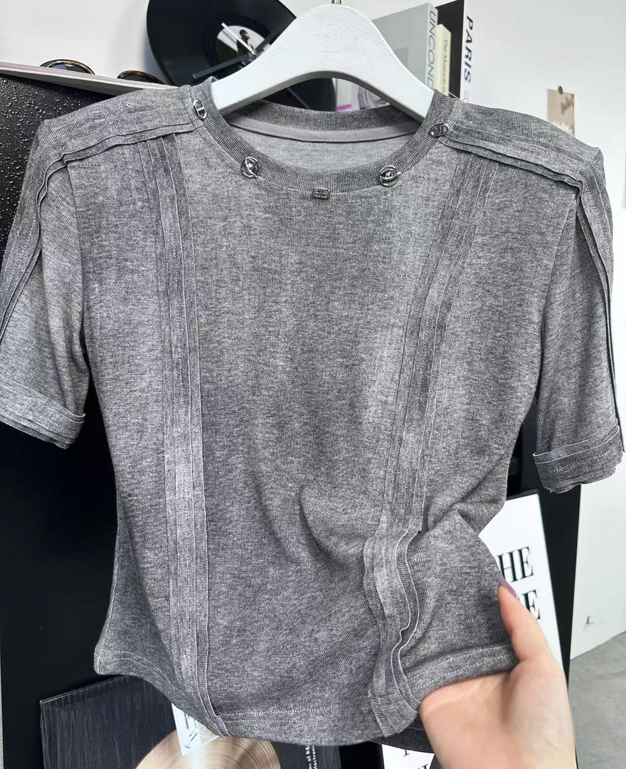 092#渐变色短袖T恤女2025夏新款潮流金属扣百搭超好看宽松上衣