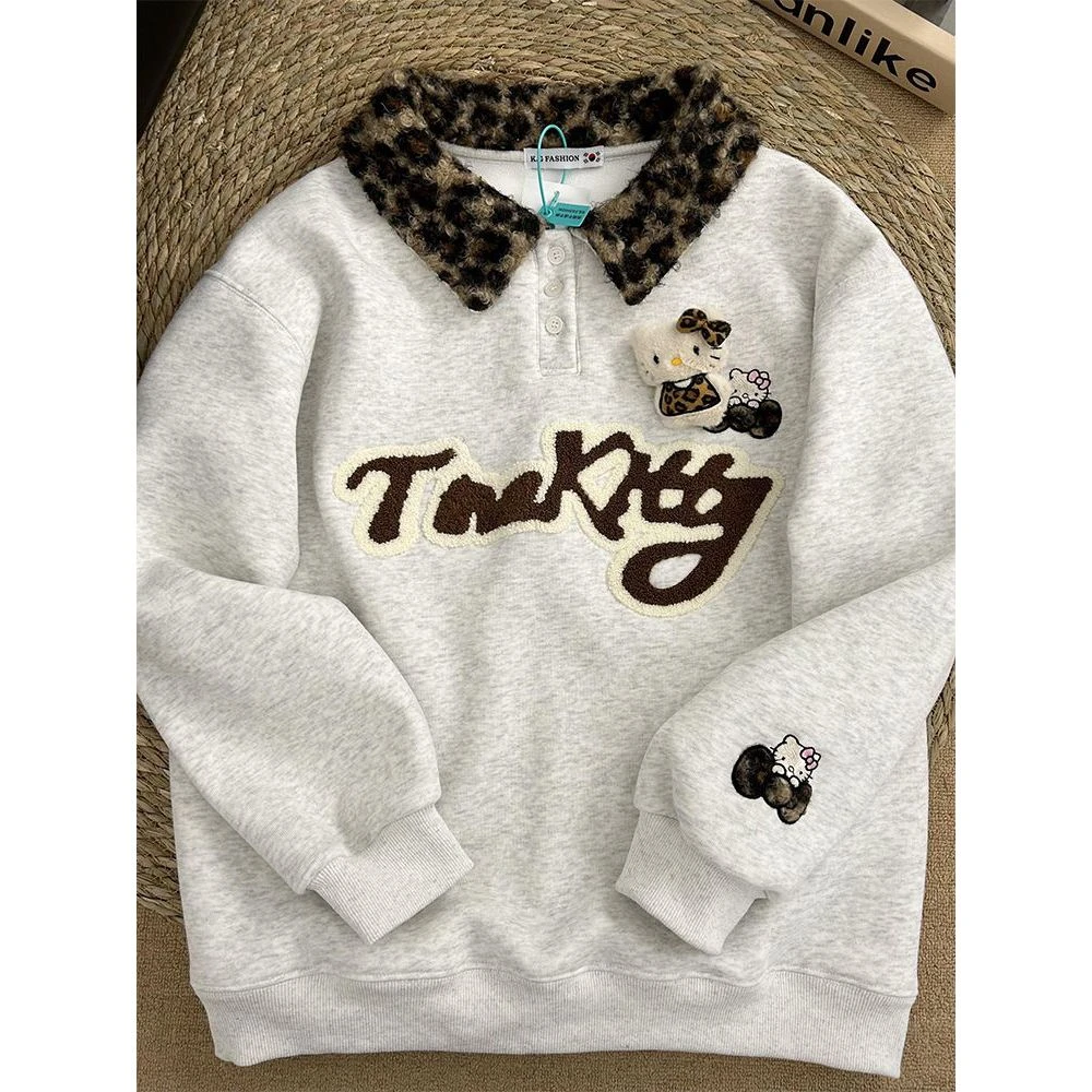 美式复古豹纹拼接撞色翻领卫衣男女可爱Kitty猫加绒加厚打底衫女