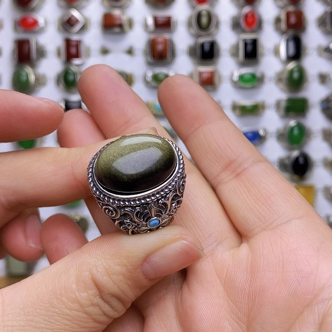 黑曜岩戒指银S925镶嵌