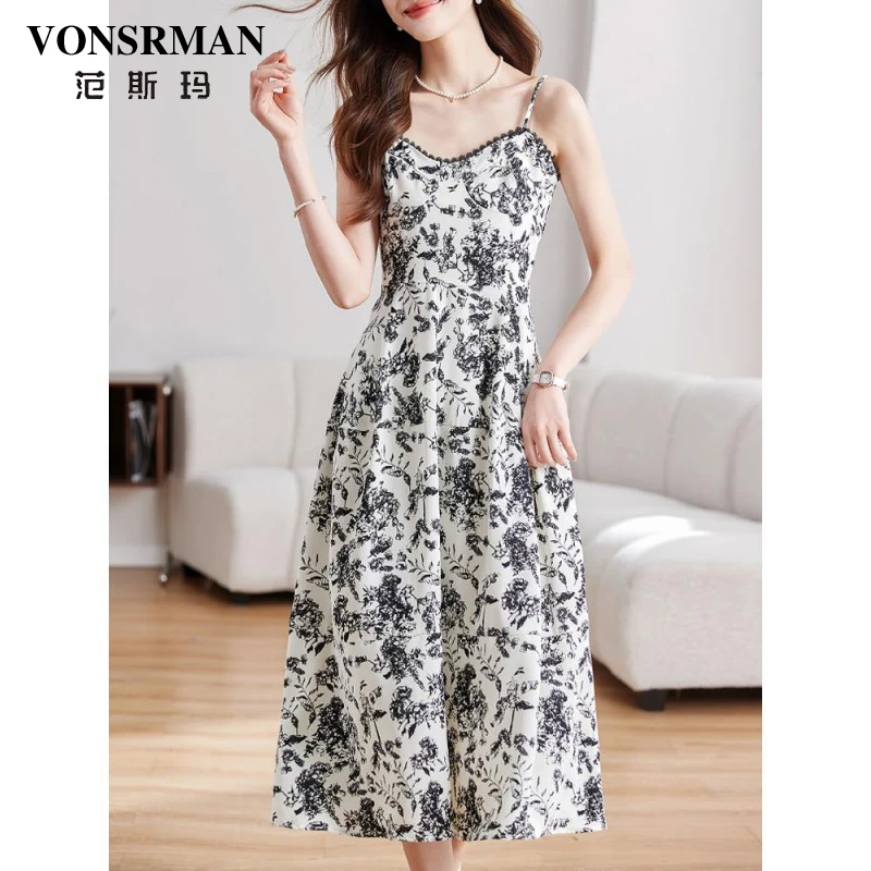 法式气质碎花吊带连衣裙女夏季2025新款高级感V领收腰显瘦茶歇裙