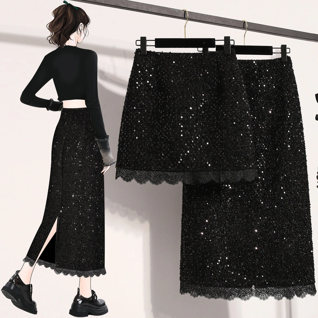 黑色亮片蕾丝半身裙大码女装胖mm秋冬高级感洋气遮胯a字包臀裙子