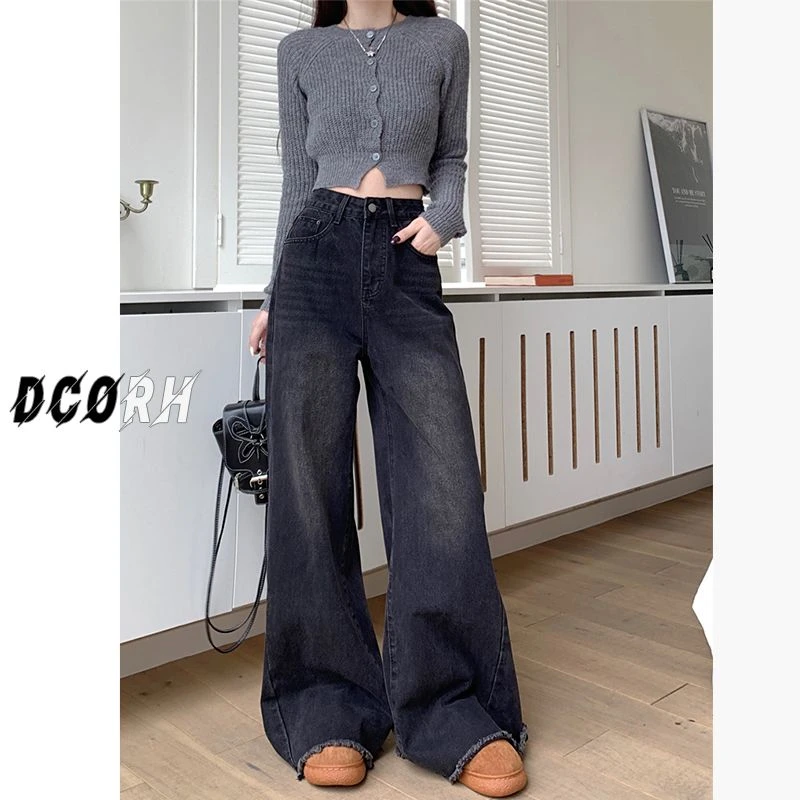 大码黑色毛边大裤脚牛仔裤女春夏高腰显瘦直筒宽松拖地阔腿裤子潮