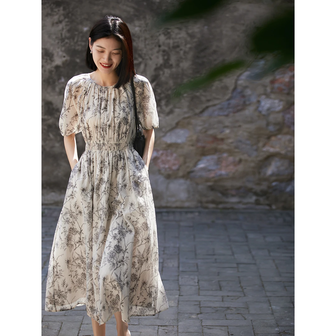 笑涵阁 花月汤泉 法式度假风收腰显瘦印花连衣裙QZP781991MG