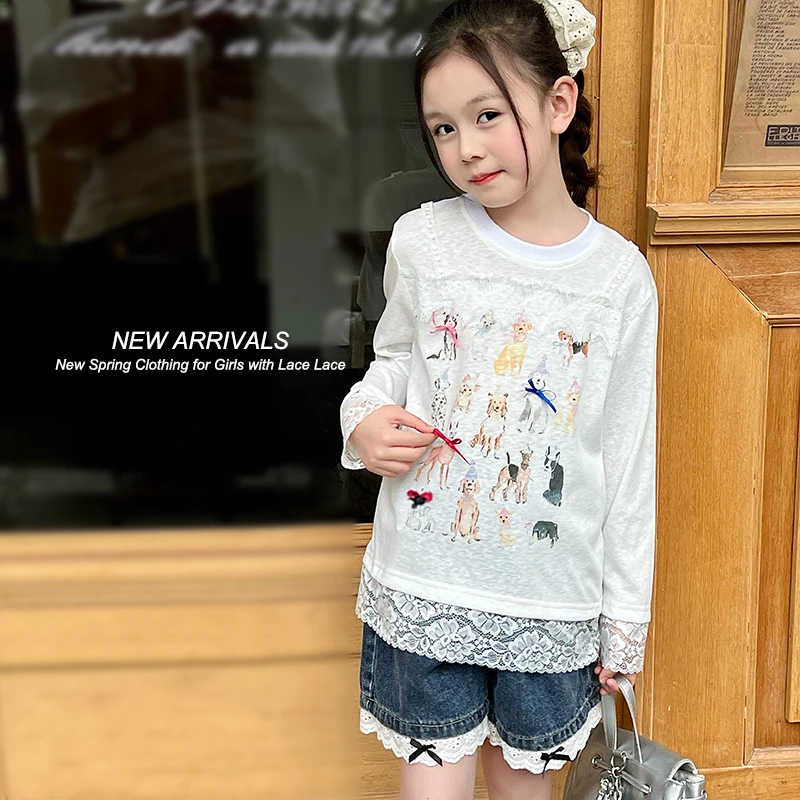 mini旦童装女童长袖T恤夏季新款中大童薄款蕾丝边卡通上衣防晒衣