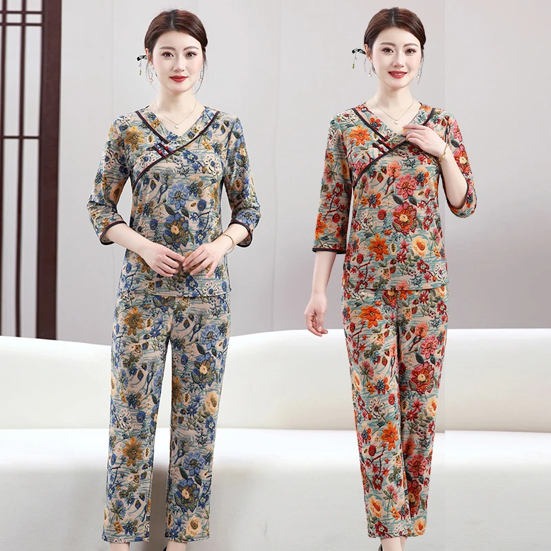 妈妈中袖长裤中老年女装家居服长袖睡衣女士常规款女装印花