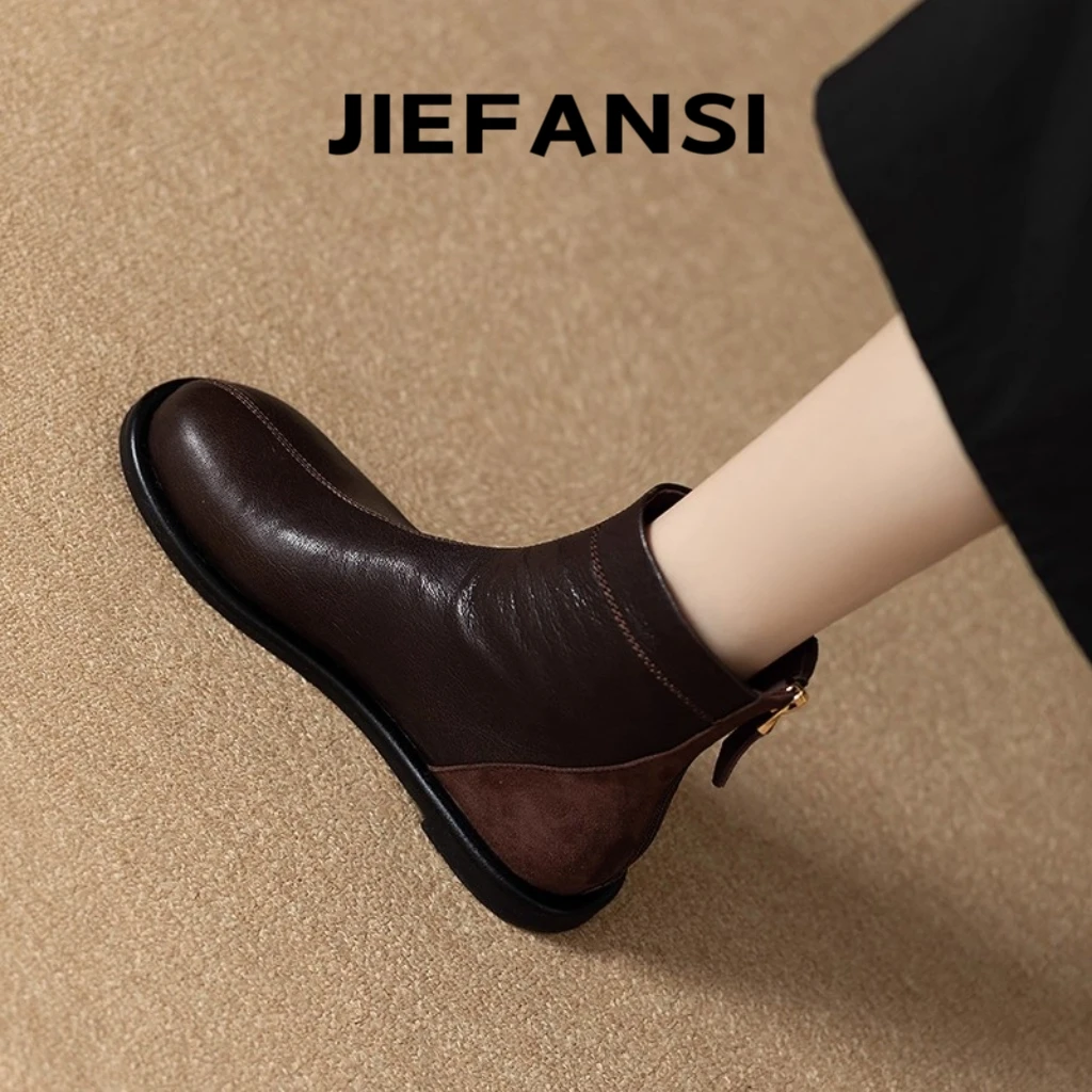 巨舒适棕色法式复古真皮软平底短靴女冬季加绒英伦风后拉链小踝靴