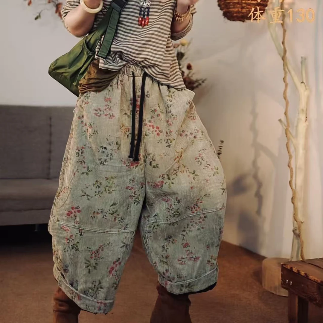 小杨冬季上新条绒复古田园慵懒清新小花棉裤 裤长87 臀围148