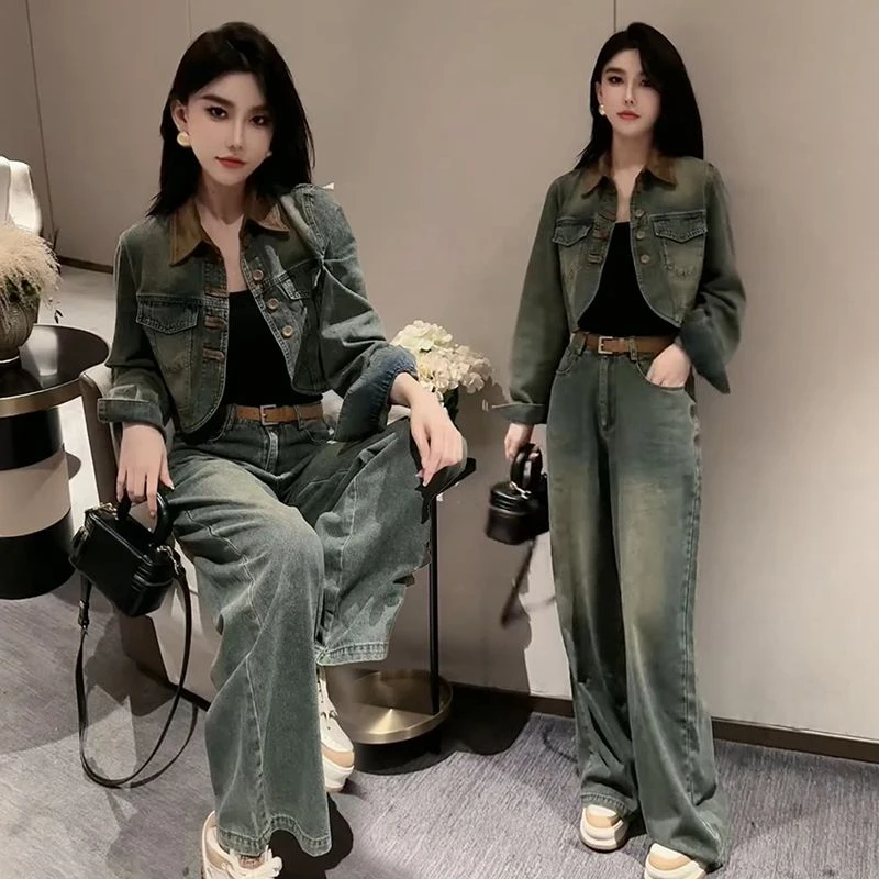 2024春秋季拼接港风复古时尚休闲外套牛仔套装女阔腿直筒裤两件套
