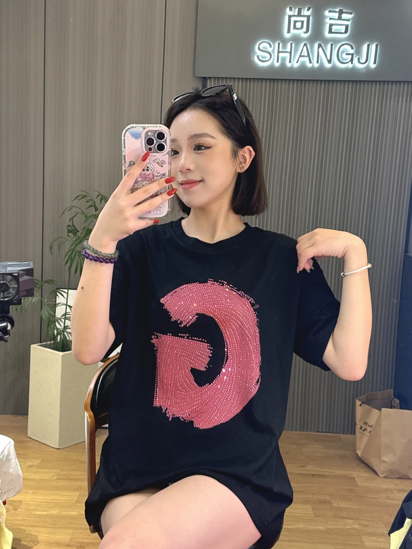 新款（彩绘G红）ins高颜值纯棉潮牌气质款圆领烫钻T恤宽松休闲夏季