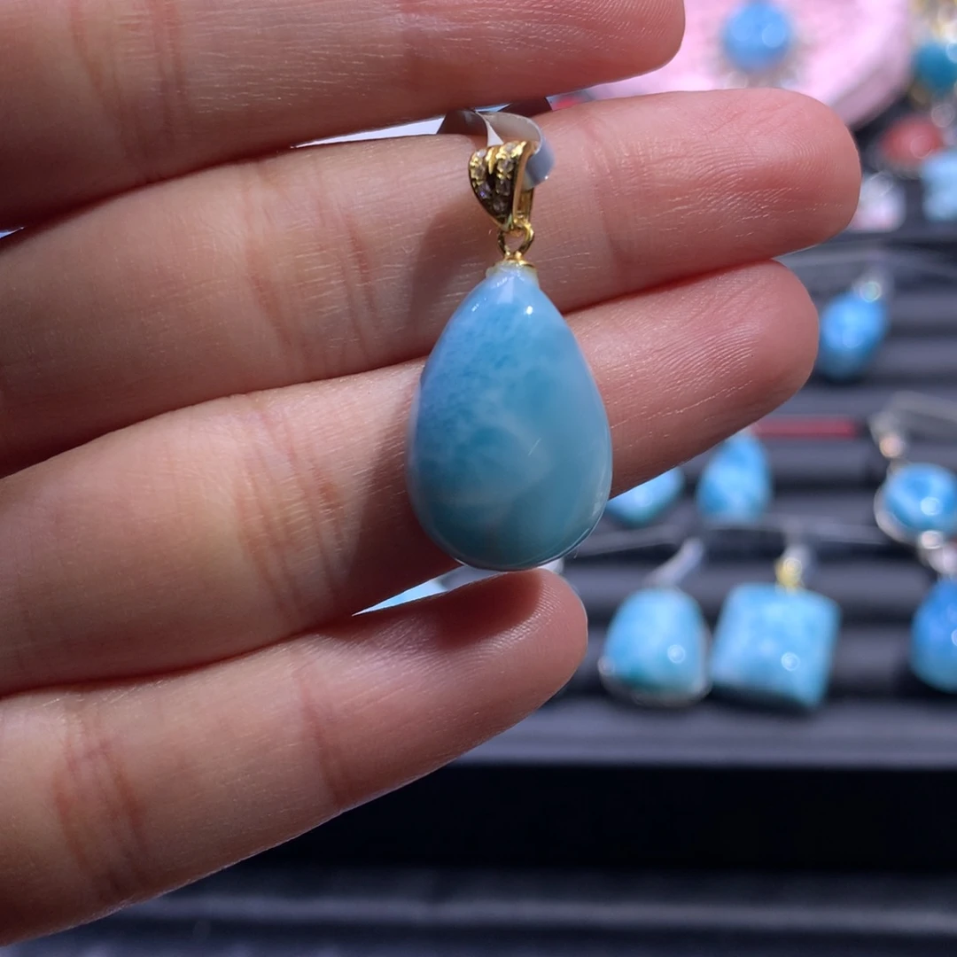 针钠钙石（海纹石）银S925镀金镶嵌吊坠(不含链)水滴吊坠色差略异