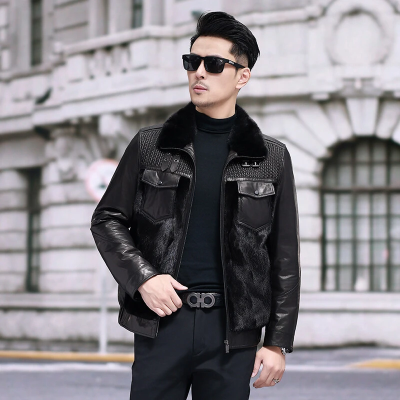 海宁真皮皮衣男山羊皮夹克短款皮草水貂整貂皮大衣皮毛一体羽绒服