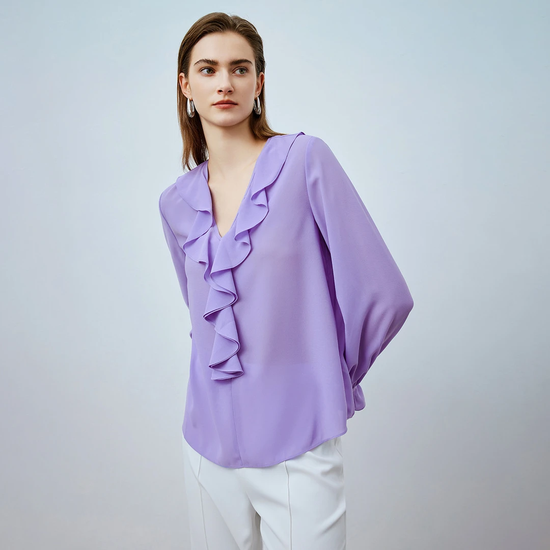 【籽言专属】慵压褶喇叭袖荷叶边V领打底衫女秋款2024法式雪纺衫