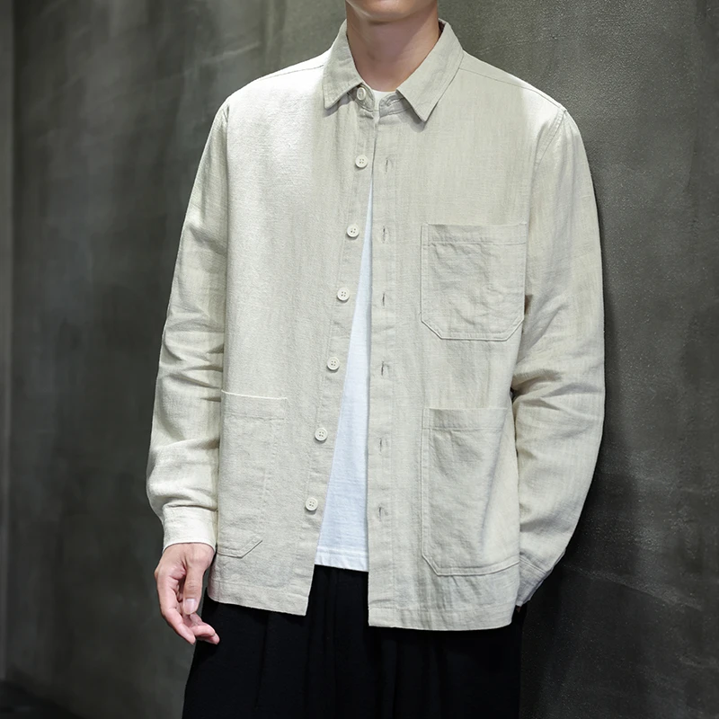 高级感苎麻水洗夹克男款新中式复古唐装秋季衬衫领宽松工装外套潮