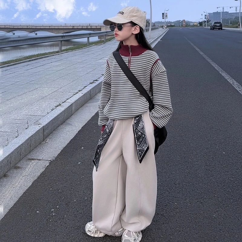 女童2025秋冬新款韩版条纹卫衣套装中大童洋气时髦休闲运动裤套装