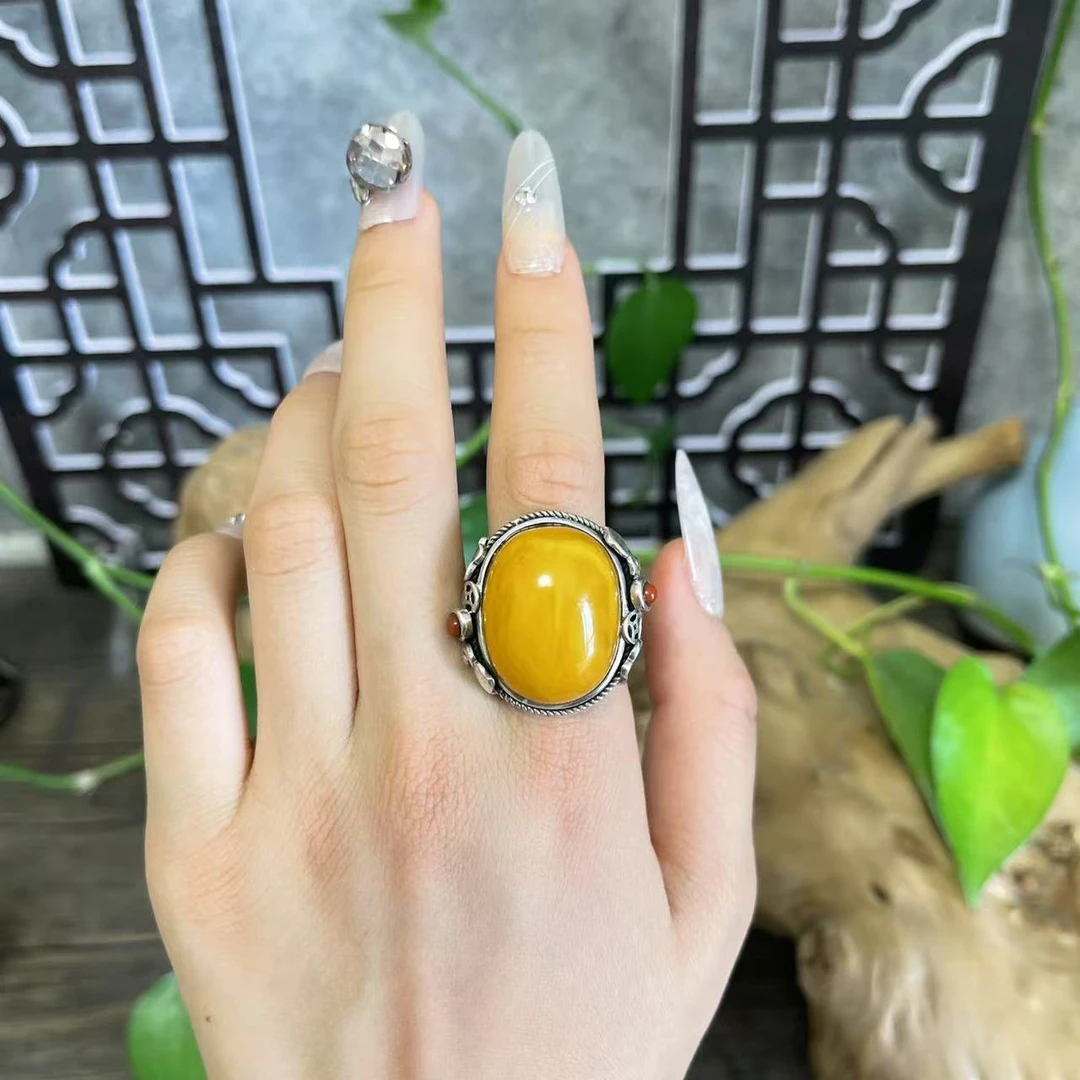 LYliuyng精工品质高货老蜜蜡银戒指台湾工银镶天然蜜蜡琥珀大戒指