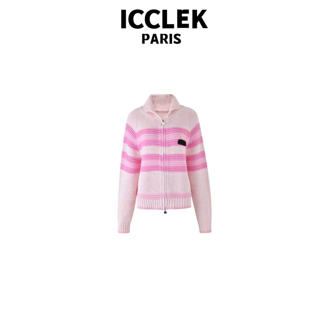 ICC 粉色翻领拉链针织衫 长袖 灰色 名媛 -5140