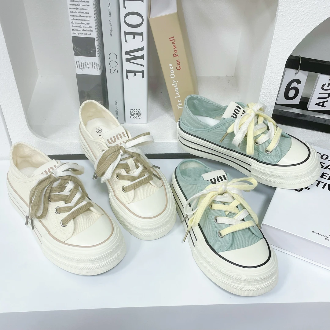 5217夏季新款小众百搭帆布鞋厚底半拖两穿女鞋半托后跟可踩脚板鞋