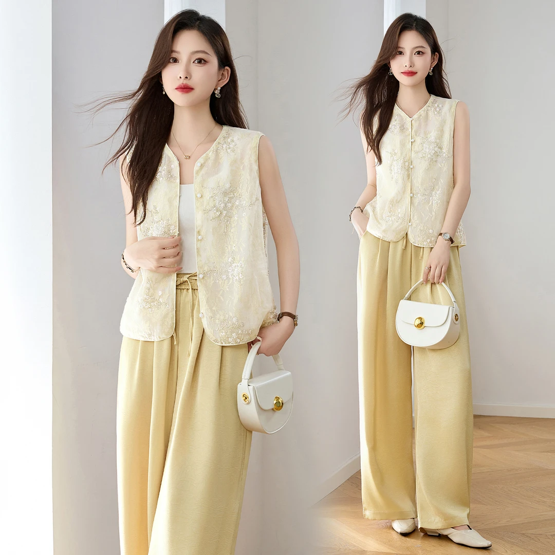 新中式国风重工刺绣马甲套装2025夏季新款高级感气质阔腿裤两件套