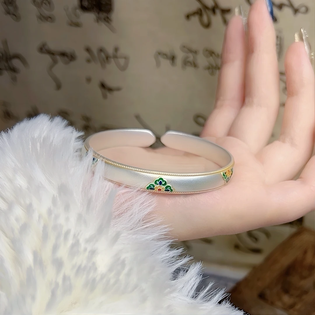 足银珐琅手镯 足银999.9原创国风【宝相花7.0】如意描金开口手镯
