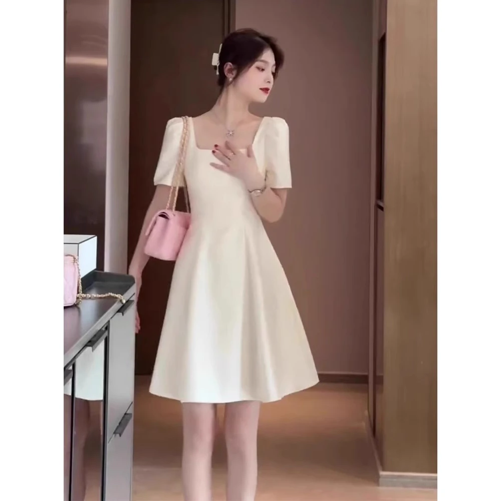 2025夏季新款法式高级感小个子a字裙收腰显瘦小香风白色连衣裙女