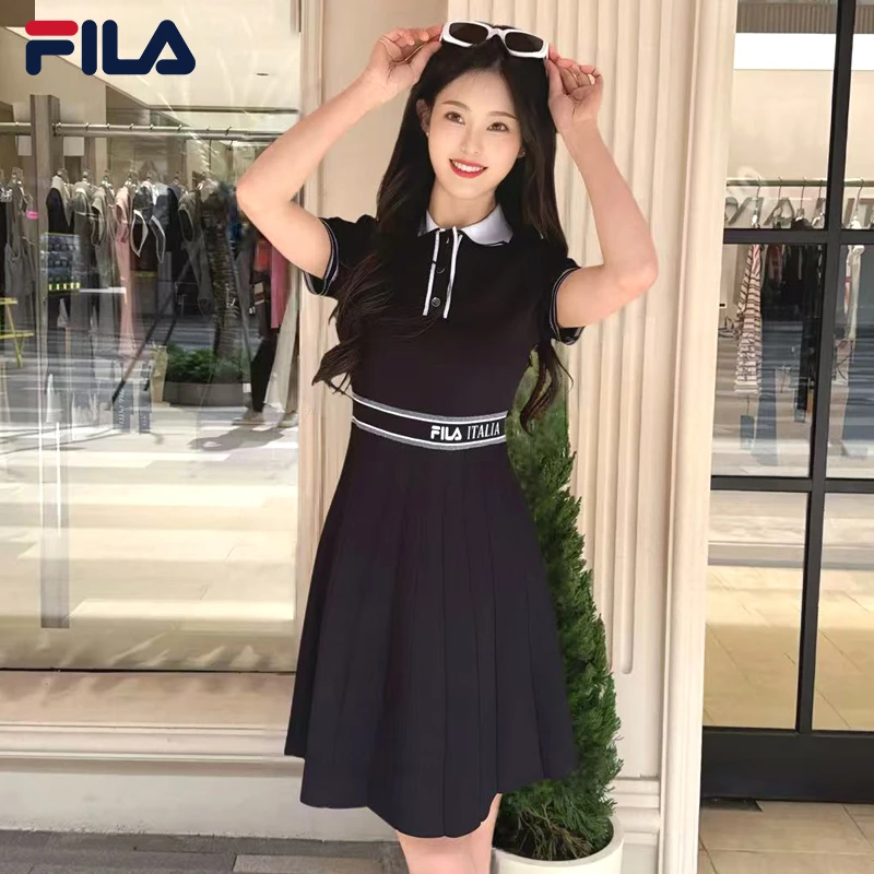 FILA/斐乐女装新款气质休闲短袖翻领收腰黑色连衣裙夏F11W523303F