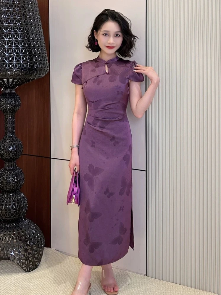 新中式蝴蝶印花改良旗袍缎面压褶收腰开衩旗袍连衣裙