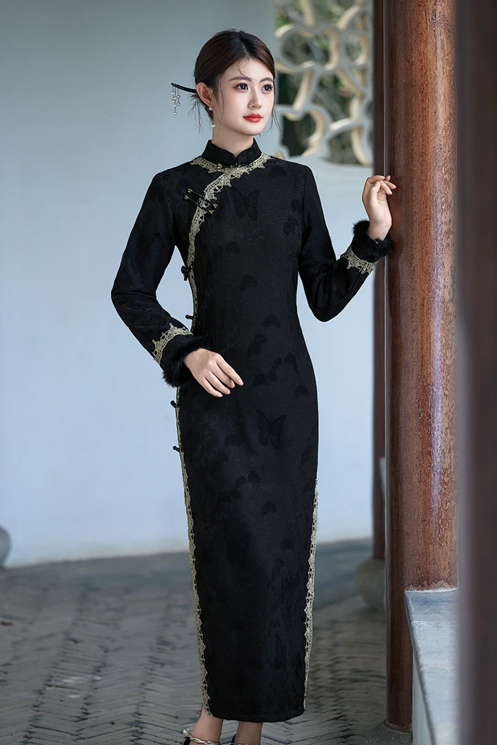 【25冬款】墨韵 精致改良旗袍复古连衣裙冬款加绒立领旗袍裙