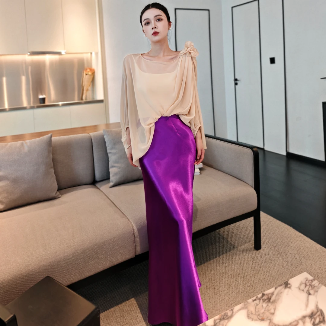 麦子原创设计女装连衣裙2025春季新款半身裙中长款紫色轻奢气质