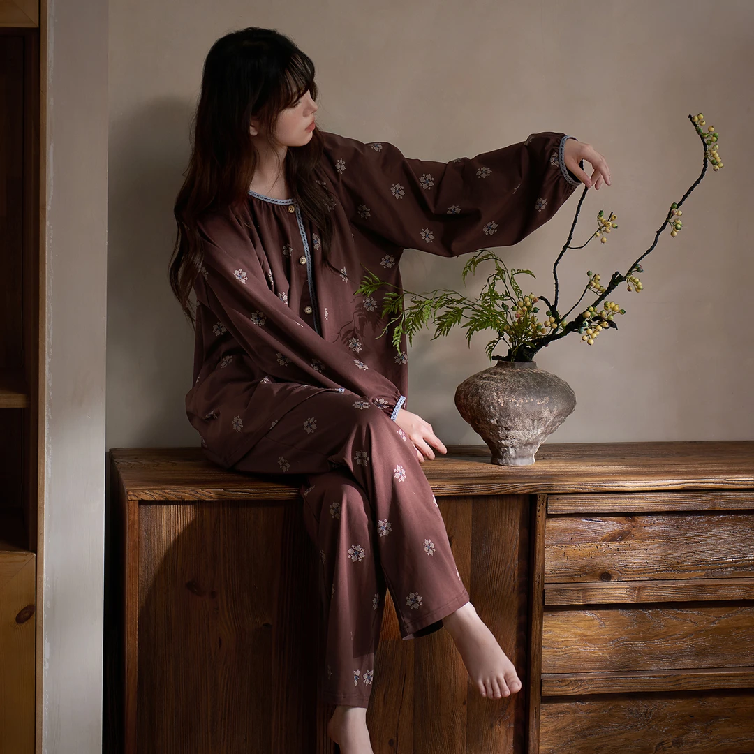 思莉太太可外出睡衣春秋季女款纯棉2025新款复古民族风时尚家居服