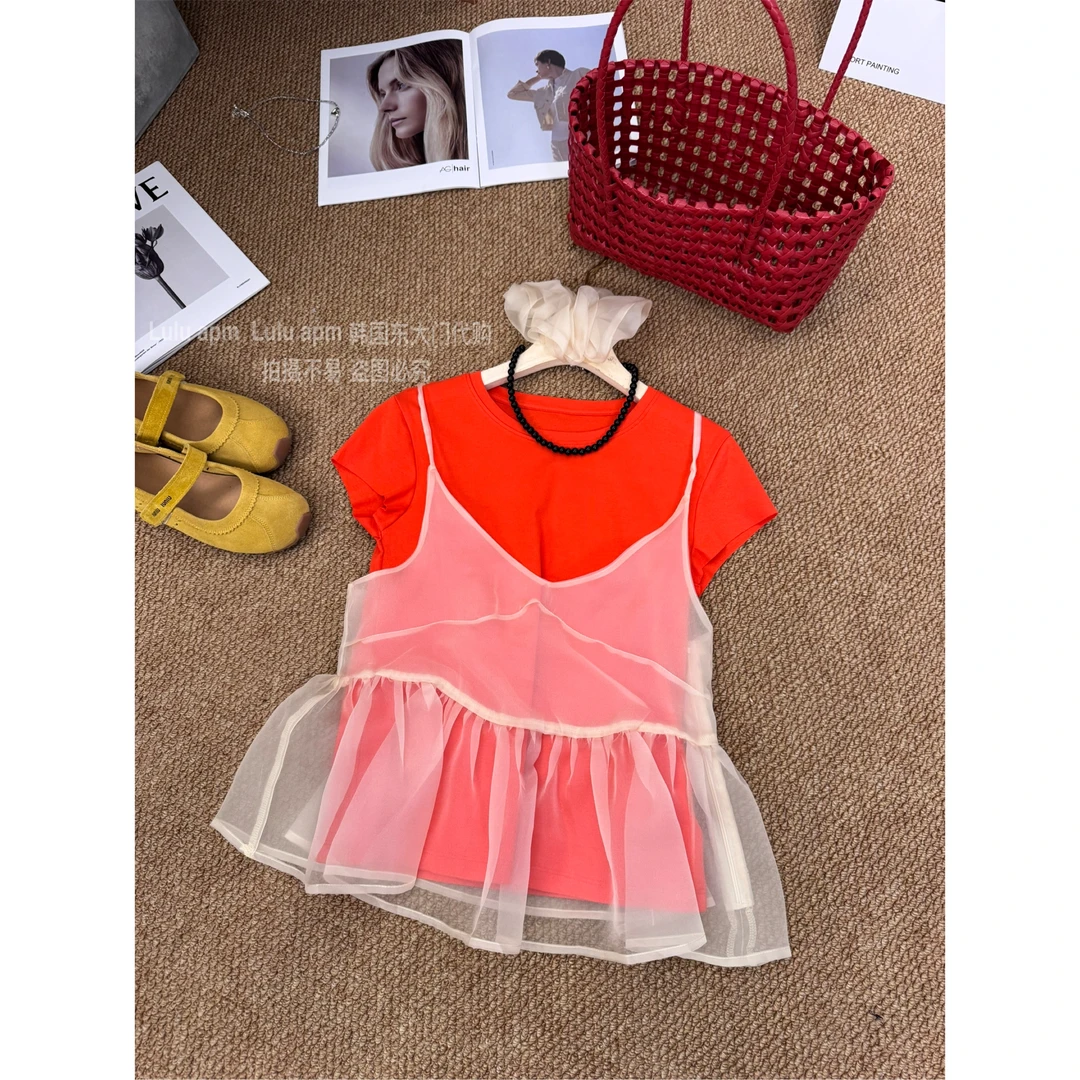 （安琪拉三件套）韩chic女夏季甜美叠穿短袖T恤上衣头花三件套C605