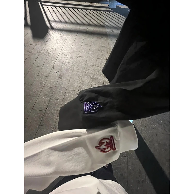 小火苗刺绣设计感卫衣男女秋季美式复古火焰情侣长袖t恤内搭上衣