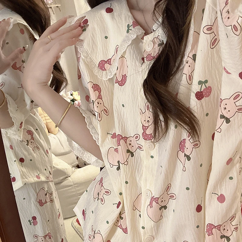 樱桃抱抱兔泡泡棉日系in睡衣女夏季新款卡通可爱可外穿家居服套装