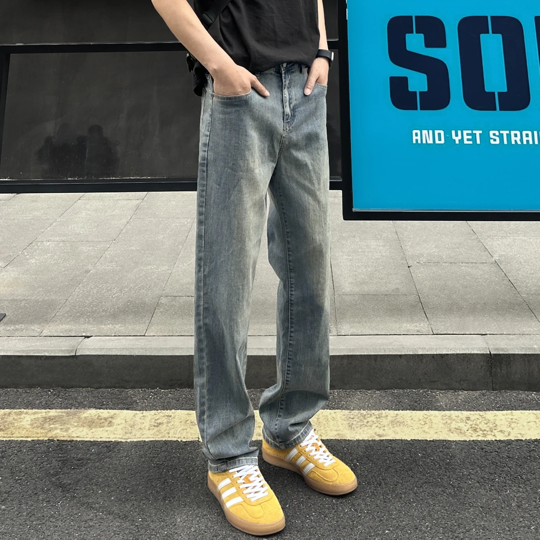 QUALCOMM小众美式潮流高街复古蓝直筒长裤男高腰百搭显瘦牛仔裤子