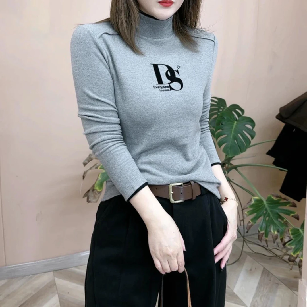德绒高档女装气质百搭T恤女秋季新款长袖半高领ins风套头上衣