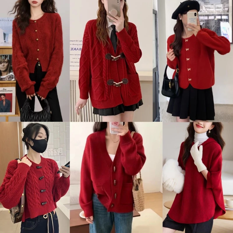 【A100-A300】毛衣女秋冬季红色宽松外搭时尚洋气外穿针织开衫女装L