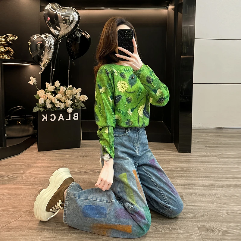 2025超火秋冬装一整套印花花卉针织衫涂鸦牛仔裤休闲运动两件套女