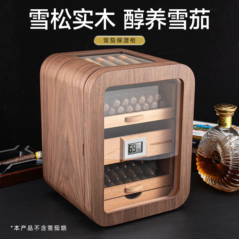 雪茄保湿柜雪松木三层大容量透视窗黑胡桃木纹木质雪茄醇化保湿柜