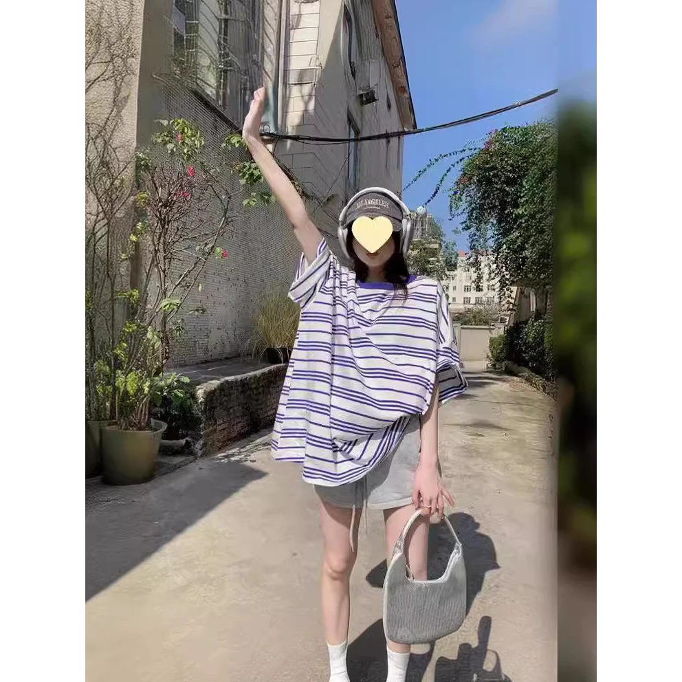 2025年新款夏季宽松条纹短袖t恤女中长款休闲百搭半袖上衣大码潮