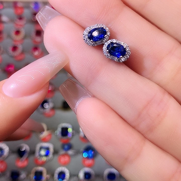 蓝宝石耳饰银S925镶嵌