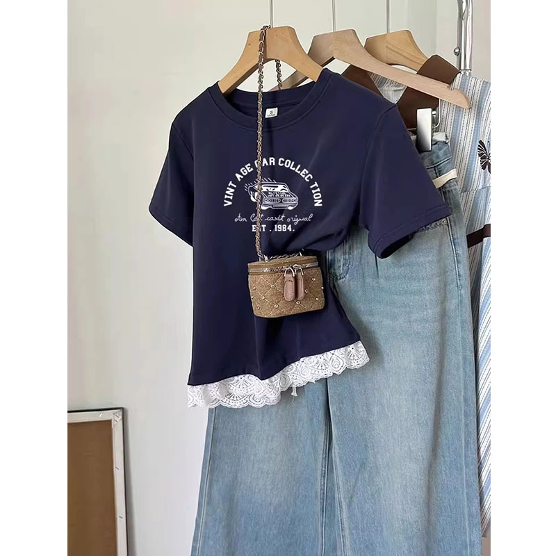 花边拼接圆领正肩短袖t恤女2025新款时尚洋气显瘦藏青色上衣夏季
