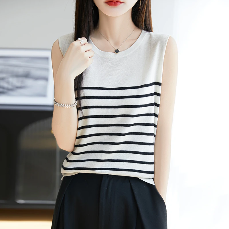 新款条纹圆领无袖吊带小背心女夏含桑蚕丝外穿内搭打底T恤上衣薄