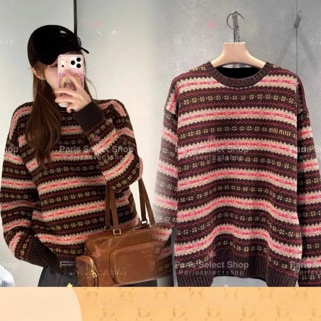 新款2101女士圆领条纹印花羊毛衫