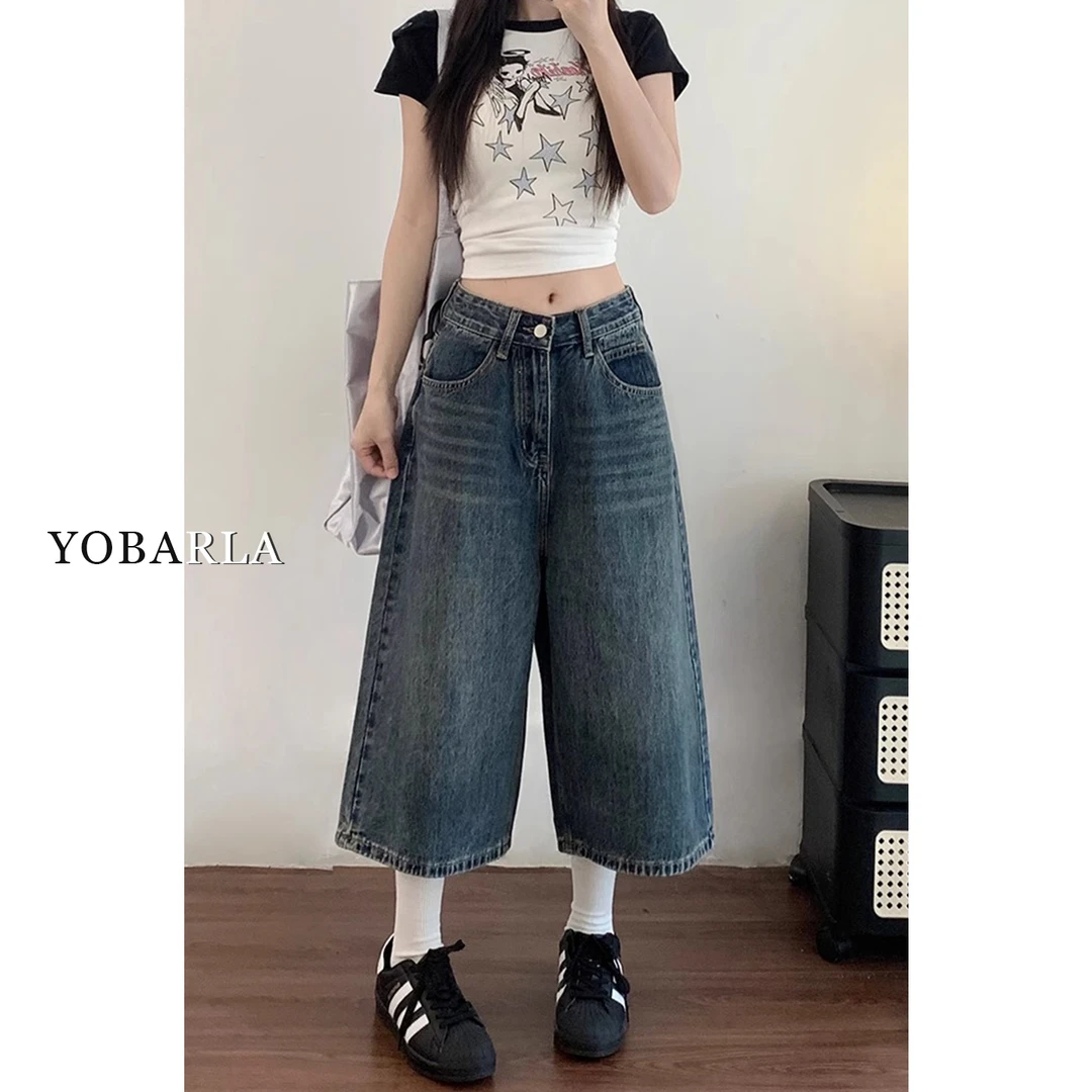 复古阔腿牛仔七分裤女秋冬新款梨形身材大码胖mm宽松显瘦直筒裤子