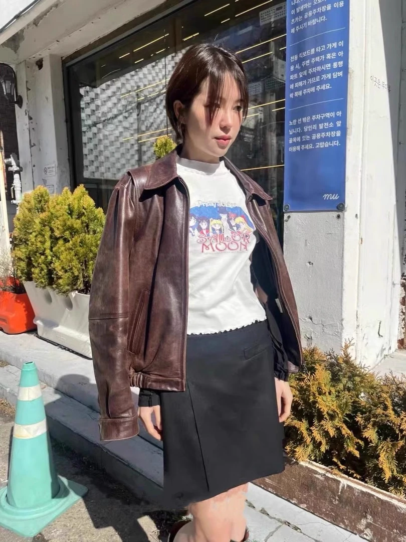 卡通美少女印花设计花边短袖圆领T恤短款上衣#z702