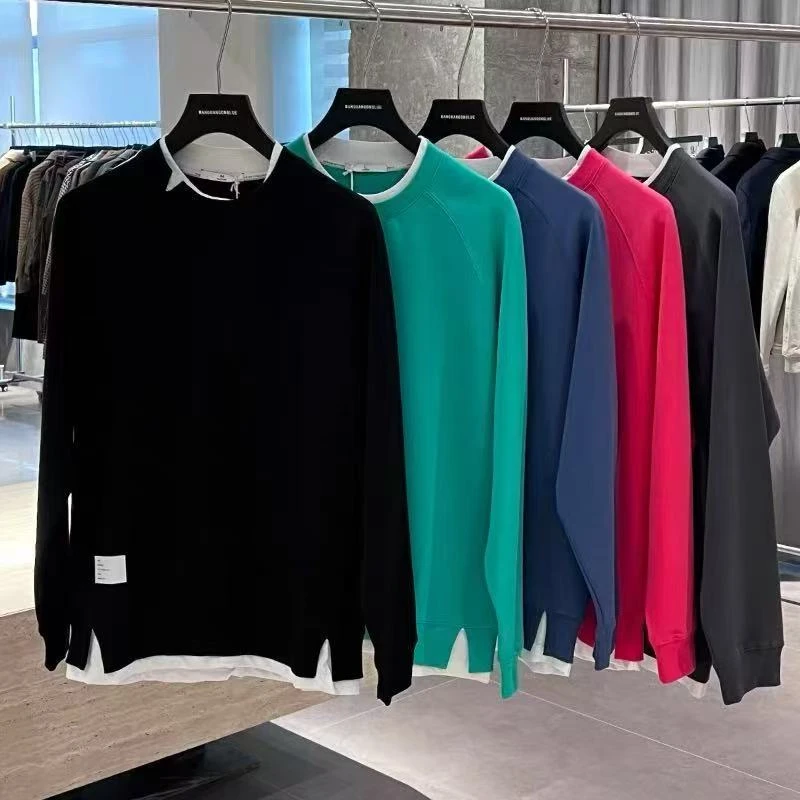 TAIGE 新款假两件极简风纯色圆领情侣款学院风百搭打底卫衣85561