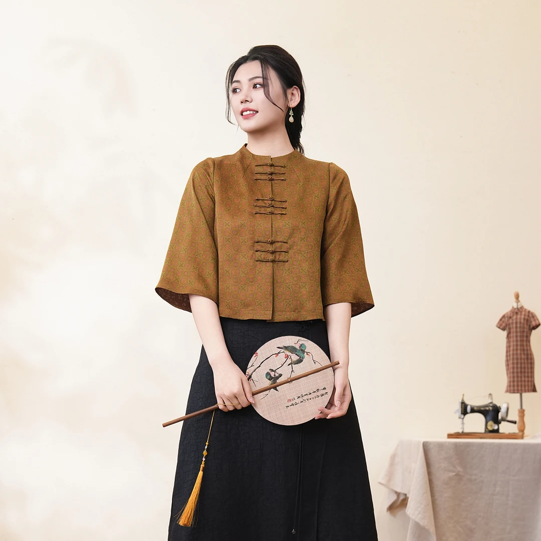 布符2025夏菱形宝相纹衬衫女中式盘扣宽松H版通勤复古上衣MXBX7