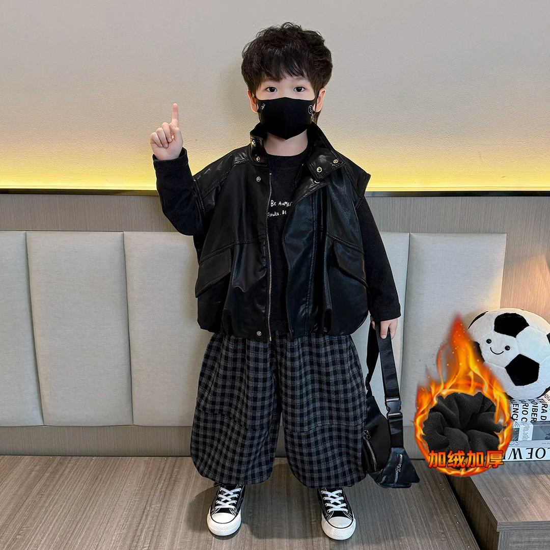 男童皮马甲套装加绒加厚秋冬2025新款儿童帅气深秋小童秋装三件套