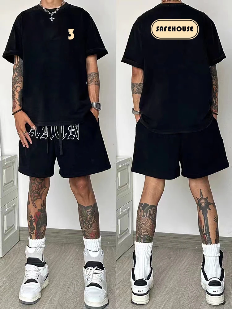 ins美式复古oversize趣味字母印花圆领短袖T恤夏季男女半袖上衣bf